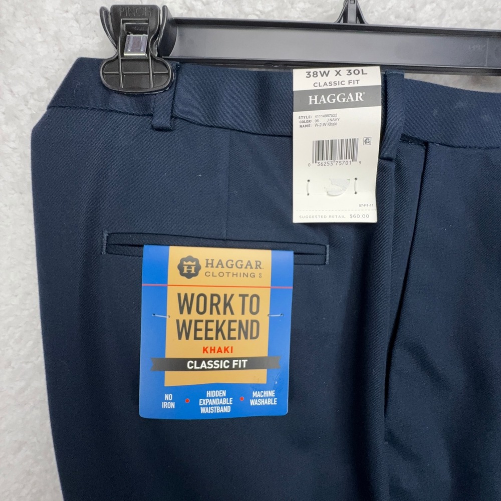 Haggar Work to Weekend Khaki Classic Fit Navy Blue Flat Front Pants 38x30 NWT